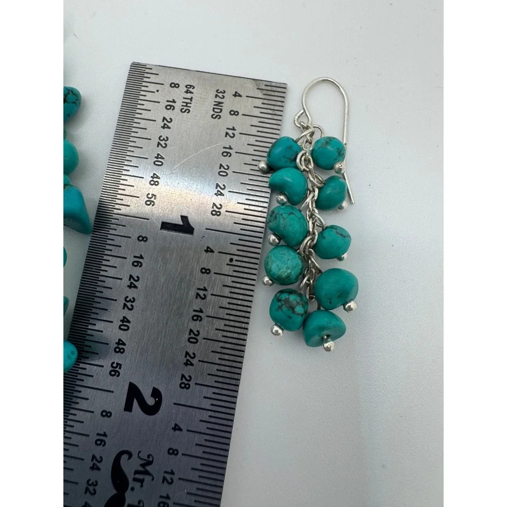 Turquoise Stone Multi Strand Statement Necklace and Dangle Earring Set Boho Vtg